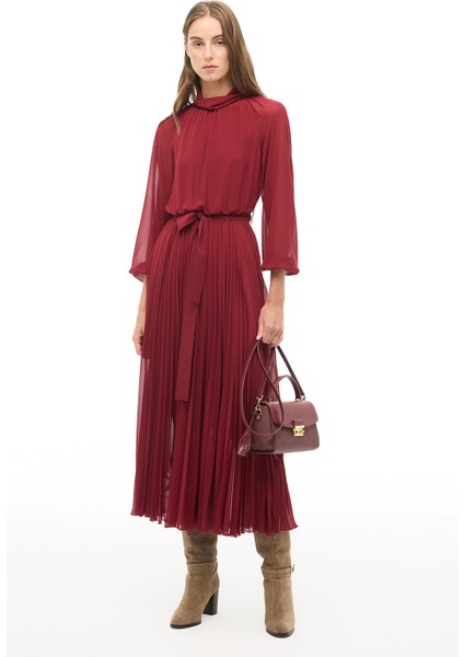 Bordo Balıkçı Yaka Bilek Boy Elbise