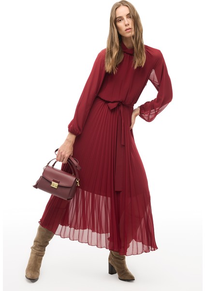 Bordo Balıkçı Yaka Bilek Boy Elbise fiyatları