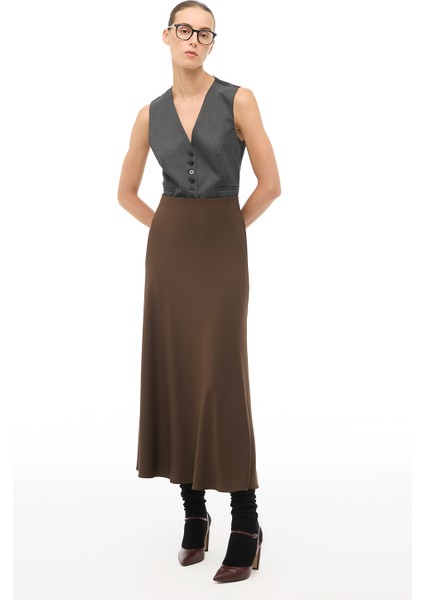 Kahverengi Yüksek Bel Midi Etek