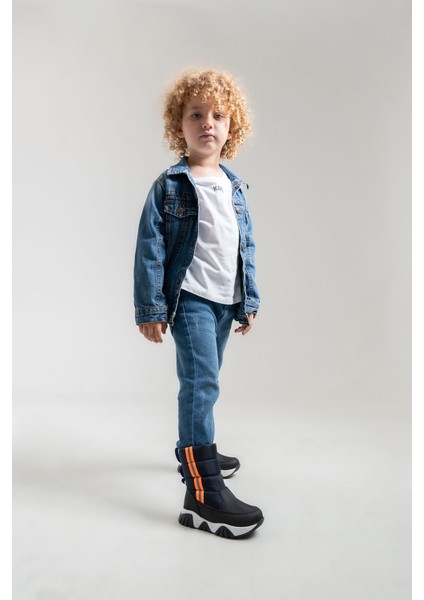 Erkek Çocuk Lacivert Suni Deri Suya Dayanıklı Kürklü Kar Botu