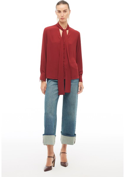 Bordo Bağlama Yaka Bluz