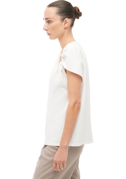 %100 Pamuk Ekru Omuz Detay Tişört modelleri