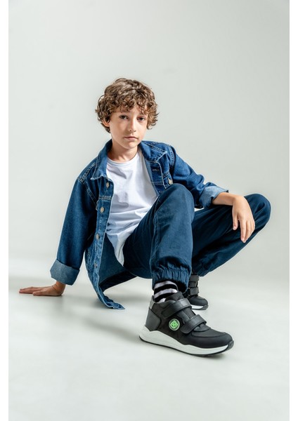 Erkek Çocuk Siyah Hakiki Deri Suya Dayanıklı Anatomik Günlük Bot