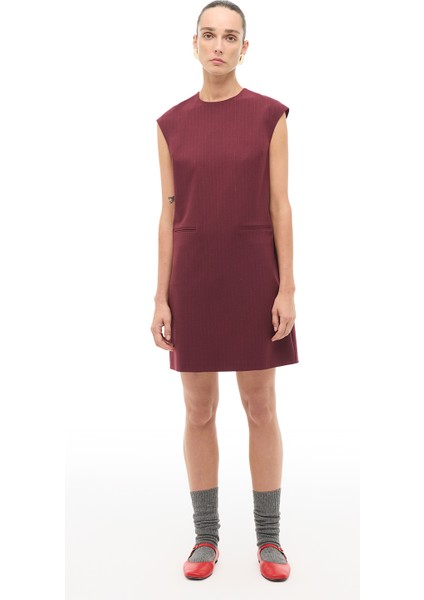Bordo Çizgili Slim Fit Midi Elbise