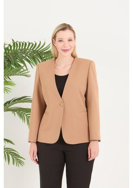 Kadın Büyük Beden V Yaka Tek Düğmeli Ceket