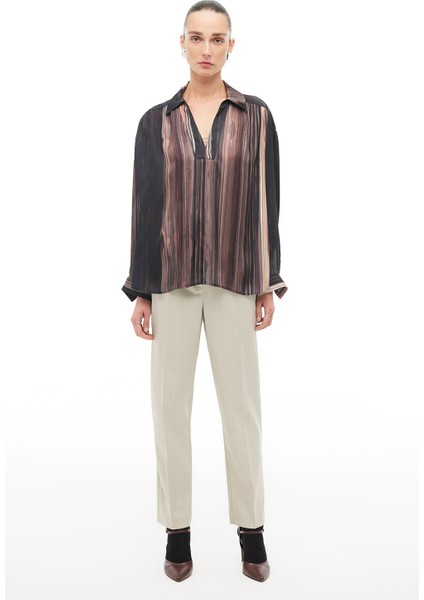 Çok Renkli Gömlek Yaka Çizgili Bluz