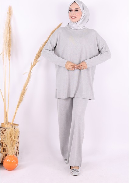 18197 Simli Triko Tunik Pantolon Takım Gri