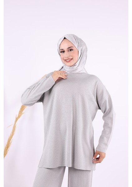 18197 Simli Triko Tunik Pantolon Takım Gri fırsatları