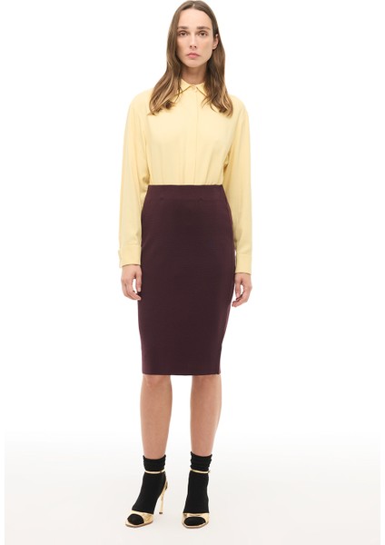 Bordo Yüksek Bel Diz Boy Triko Etek