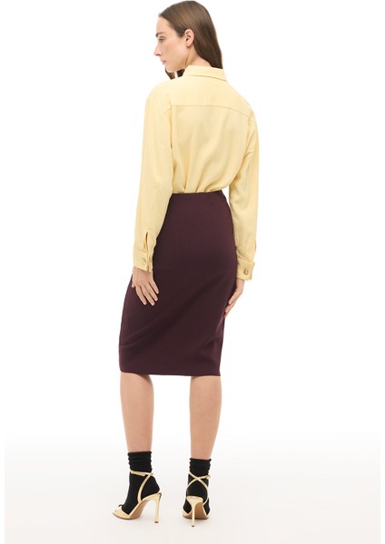 Bordo Yüksek Bel Diz Boy Triko Etek modelleri