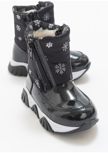 Kız Çocuk Siyah Simli Rugan Deri Suya Dayanıklı Kürklü Günlük Bot