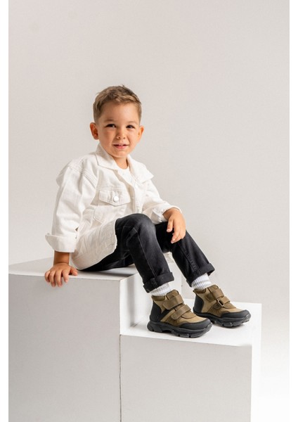 Erkek Çocuk Haki Hakiki Deri Suya Dayanıklı Günlük Bot