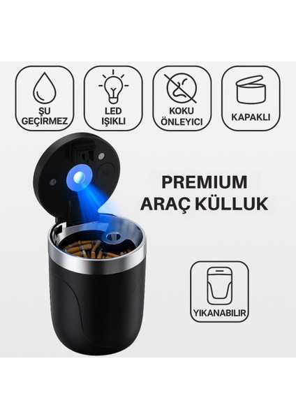 Premium Car Ashtray LED Işıklı Taşınabilir Kapaklı Araba Küllük Kül Tablası Yıkanabilir Küllük