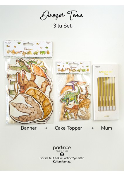 3 Parça Dinozor Tema Pasta Süsü Cake Topper Banner ve 6'lı Gold Mum Pasta Kürdanı Doğum Günü Süsleme Parti Seti