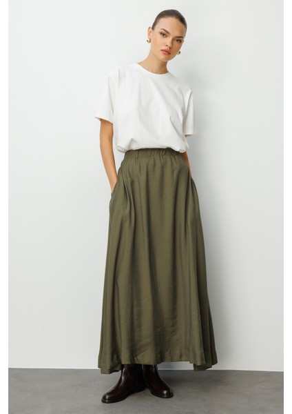 Modal Karışımlı Haki Beli Lastikli Maksi Etek