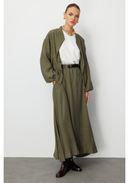 Modal Karışımlı Haki Beli Lastikli Maksi Etek fiyatları