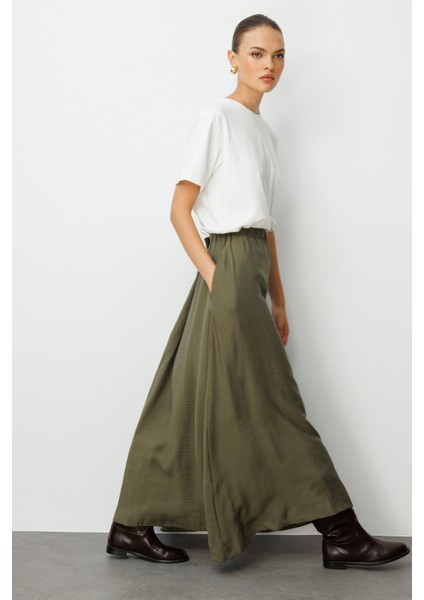 Modal Karışımlı Haki Beli Lastikli Maksi Etek indirimleri