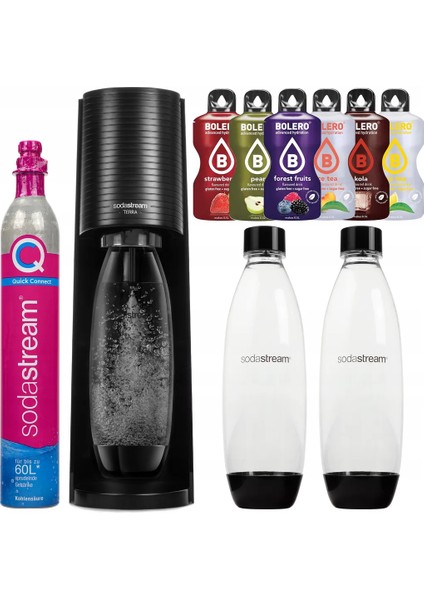 Terra Soda Makinesi – 2 Şişe + Co₂ Tüp + 6 Farklı Bolero Aroma – Şık, Sağlıklı ve Sürdürülebilir Yaşam Seti