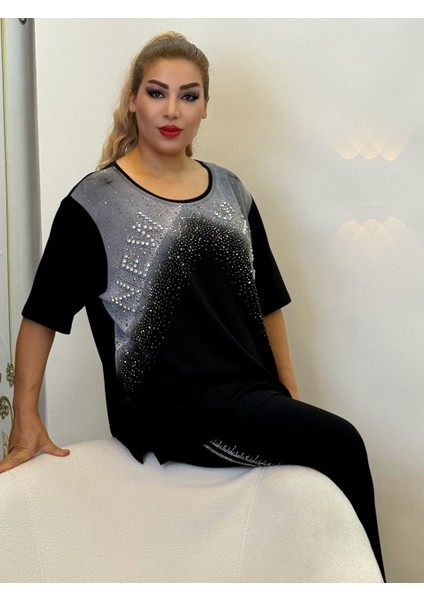 Abiye Bluz Kadın Taşlı Yazlık Oversize Üç Renk: Sarı, Pembe, Siyah Şık Yarım Kollu Kristal Taşlı