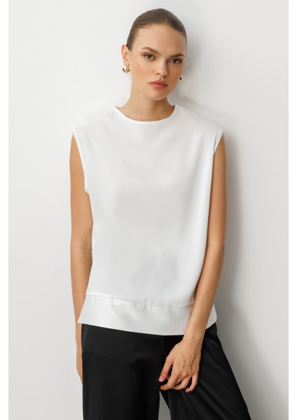 Ekru Kolsuz Basic Saten Bluz