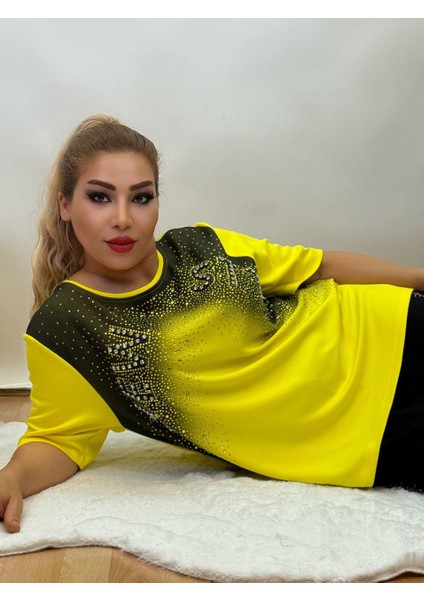 Abiye Bluz Kadın Taşlı Yazlık Oversize Üç Renk: Sarı, Pembe, Siyah Şık Yarım Kollu Kristal Taşlı