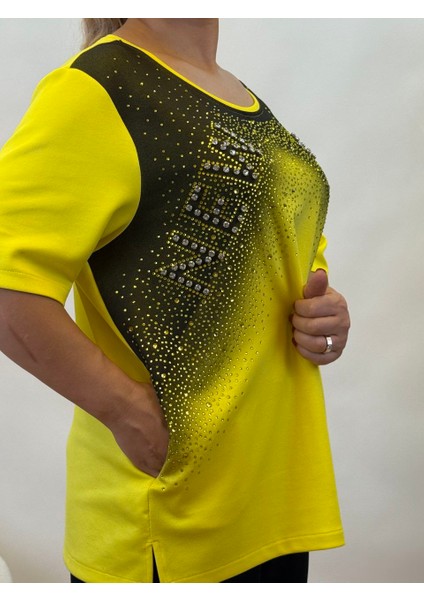 Abiye Bluz Kadın Taşlı Yazlık Oversize Üç Renk: Sarı, Pembe, Siyah Şık Yarım Kollu Kristal Taşlı modelleri