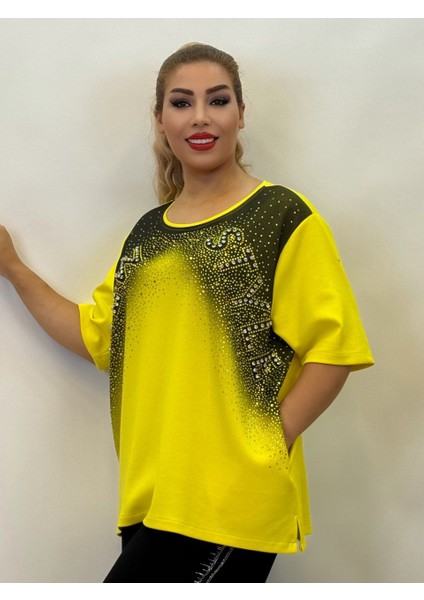 Abiye Bluz Kadın Taşlı Yazlık Oversize Üç Renk: Sarı, Pembe, Siyah Şık Yarım Kollu Kristal Taşlı fırsatları