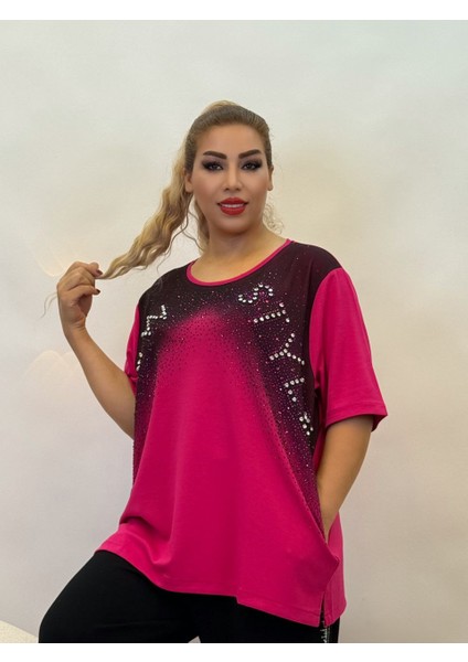 Abiye Bluz Kadın Taşlı Yazlık Oversize Üç Renk: Sarı, Pembe, Siyah Şık Yarım Kollu Kristal Taşlı