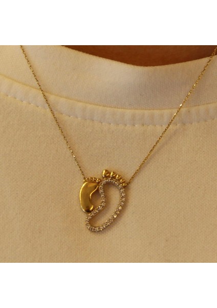 14 Ayar Altın Anne Bebek Ayak Izi Kolye