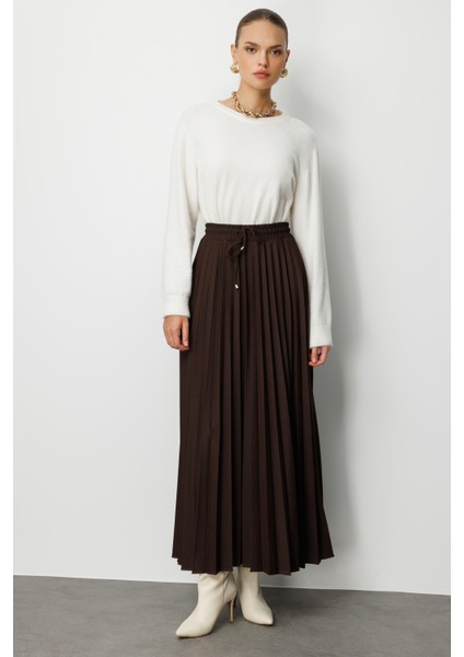 Örme Krep Piliseli Maksi Kahverengi Etek