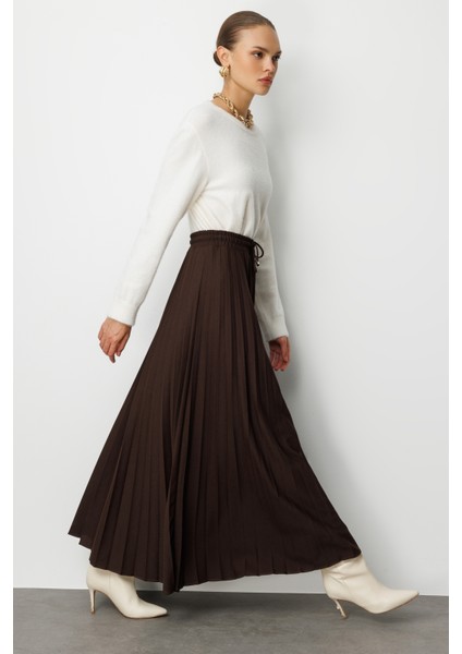 Örme Krep Piliseli Maksi Kahverengi Etek modelleri