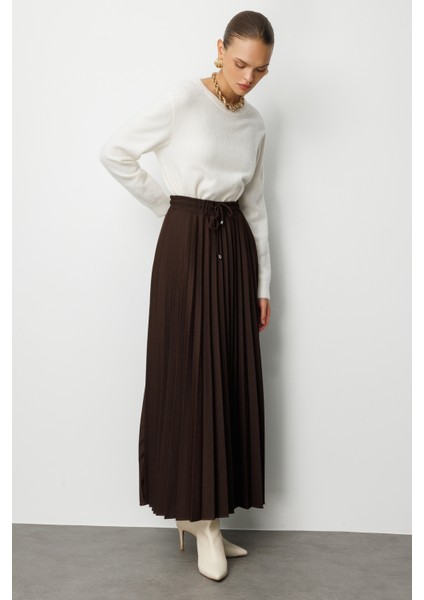 Örme Krep Piliseli Maksi Kahverengi Etek fırsatları