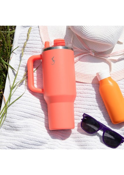 - “big Cup” 1.2 L Mercan Pembe, paslanmaz çelik termos - Uzatılabilir pipetli, çift cidarlı, sızdırmaz - 240876 modelleri