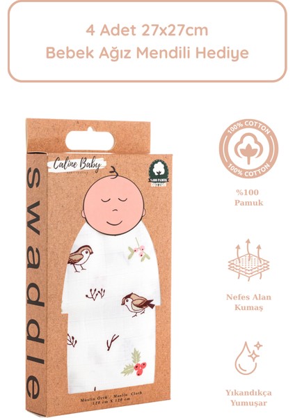 %100 Pamuk Premium & Hafif Müslin Bezi Örtüsü I 120x120 cm I Kahverengi I Kuş Desenli & 4 Adet Ağız Mendili 27x27cm