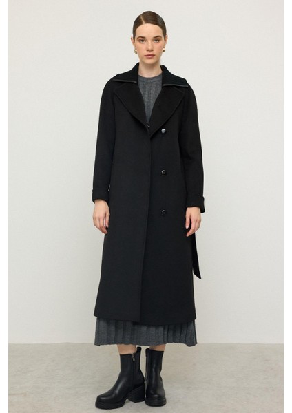 Triko Yakalı Reglan Kol Kaşmir Kaban Siyah 3099