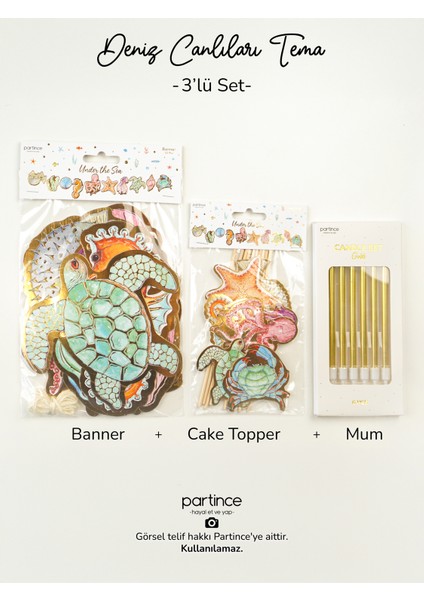 3 Parça Deniz Canlıları Tema Pasta Süsü Cake Topper Banner ve 6'lı Metalik Gold Mum Doğum Günü Süsleme Parti Seti
