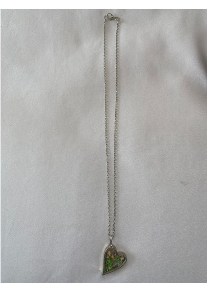 Kurutulmuş Yeşil Çiçekli Kalp Kolye Gümüş Renk fiyatları