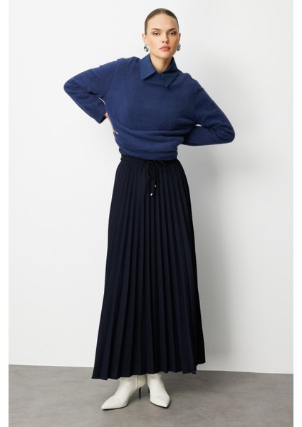 Örme Krep Piliseli Maksi Lacivert Etek