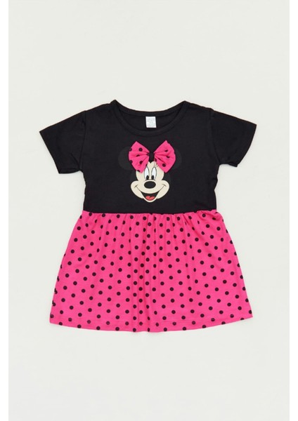 Siyah-Fuşya Kız Çocuk Minnie Mouse Baskılı Elbise-Mmrskçe