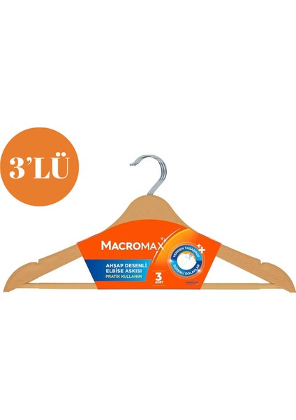 Macromax Ahşap Görünümlü Elbise Askısı – 3’lü Set, Dayanıklı ve Şık Tasarım, Dolap Düzenleyici