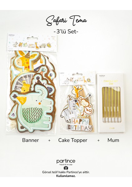 3 Parça Happy Birthday Safari Tema Pasta Süsü Banner ve 6 Adet Gold Mum Doğum Günü Süsleme Parti Seti