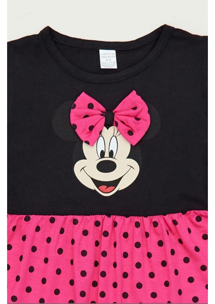 Siyah-Fuşya Kız Çocuk Minnie Mouse Baskılı Elbise-Mmrskçe modelleri