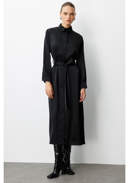 Siyah Saten Maksi Gömlek Elbise