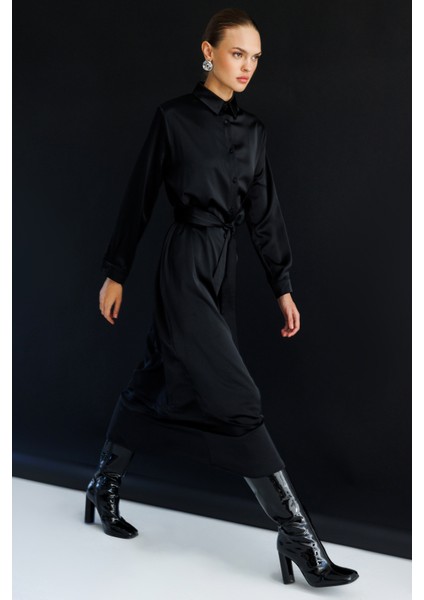 Siyah Saten Maksi Gömlek Elbise fiyatları