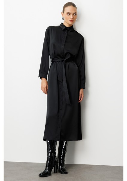 Siyah Saten Maksi Gömlek Elbise modelleri