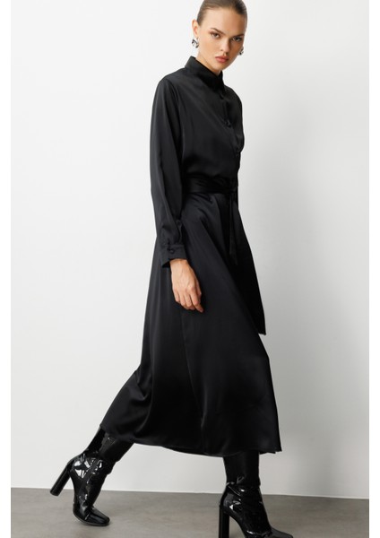 Siyah Saten Maksi Gömlek Elbise fırsatları