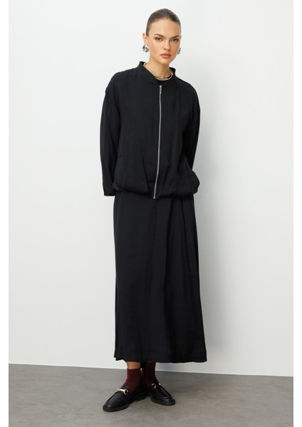 Modal Karışımlı Siyah Oversize Bomber Ceket