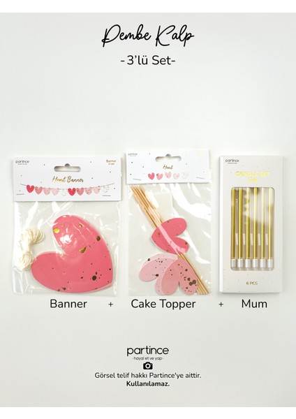 3 Parça Set Pembe Kalp Pasta Süsü Cake Topper Banner ve 6 Adet Metalik Gold Mum Doğum Günü Süsleme Parti Seti fiyatları