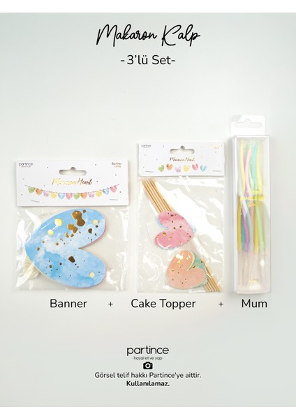 3 Parça Set Makaron Renklerde Kalp Pasta Süsü Banner Cake Topper ve Spiral Mum Doğum Günü Süsleme Parti Seti fiyatları