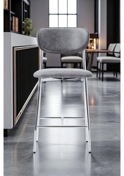 Hanev Serisi Geniş Oturma Alanlı Bar Sandalyesi – Gri Renk, Kromaj Metal Ayaklı